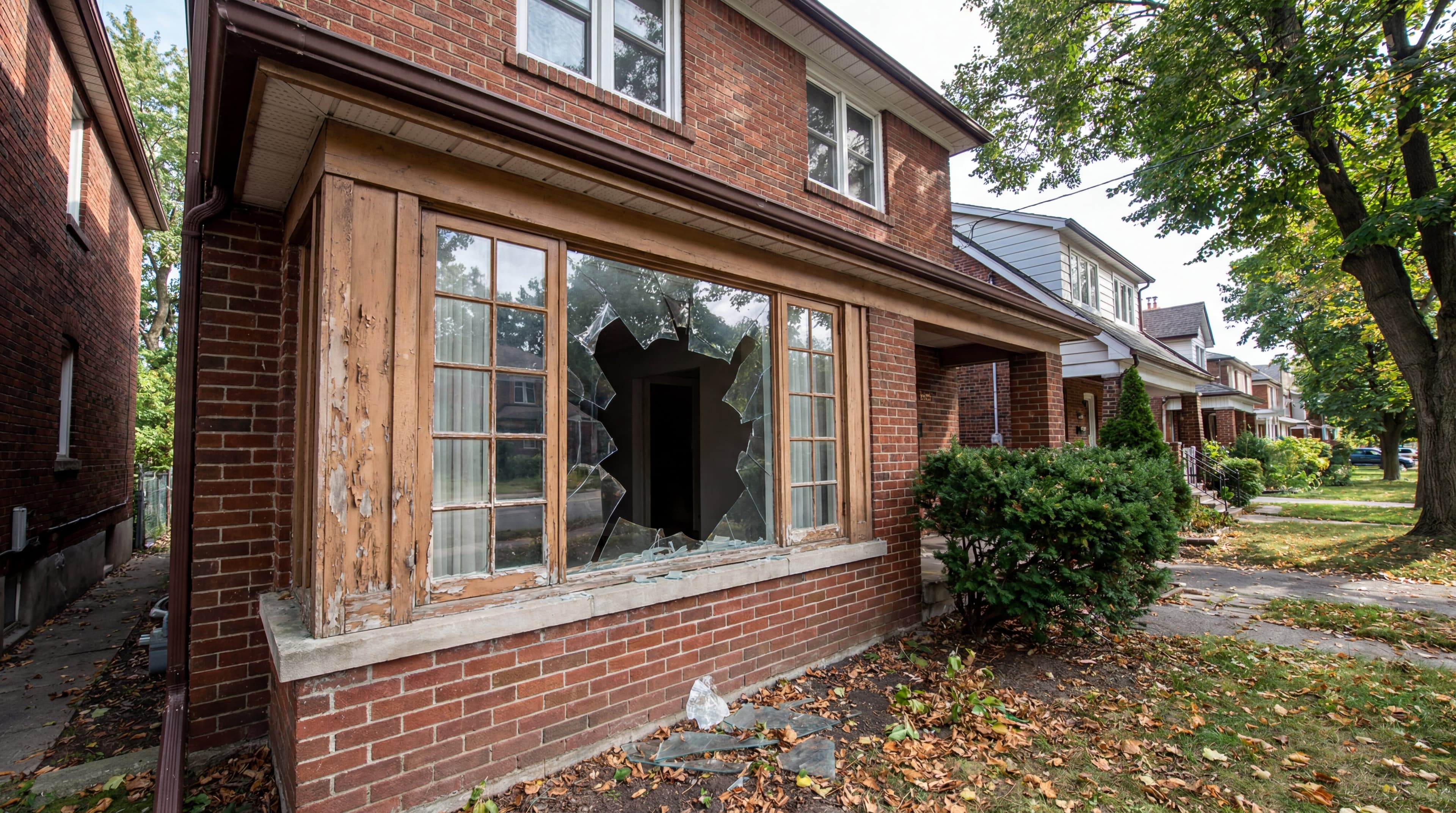 Broken window glass before professional replacement