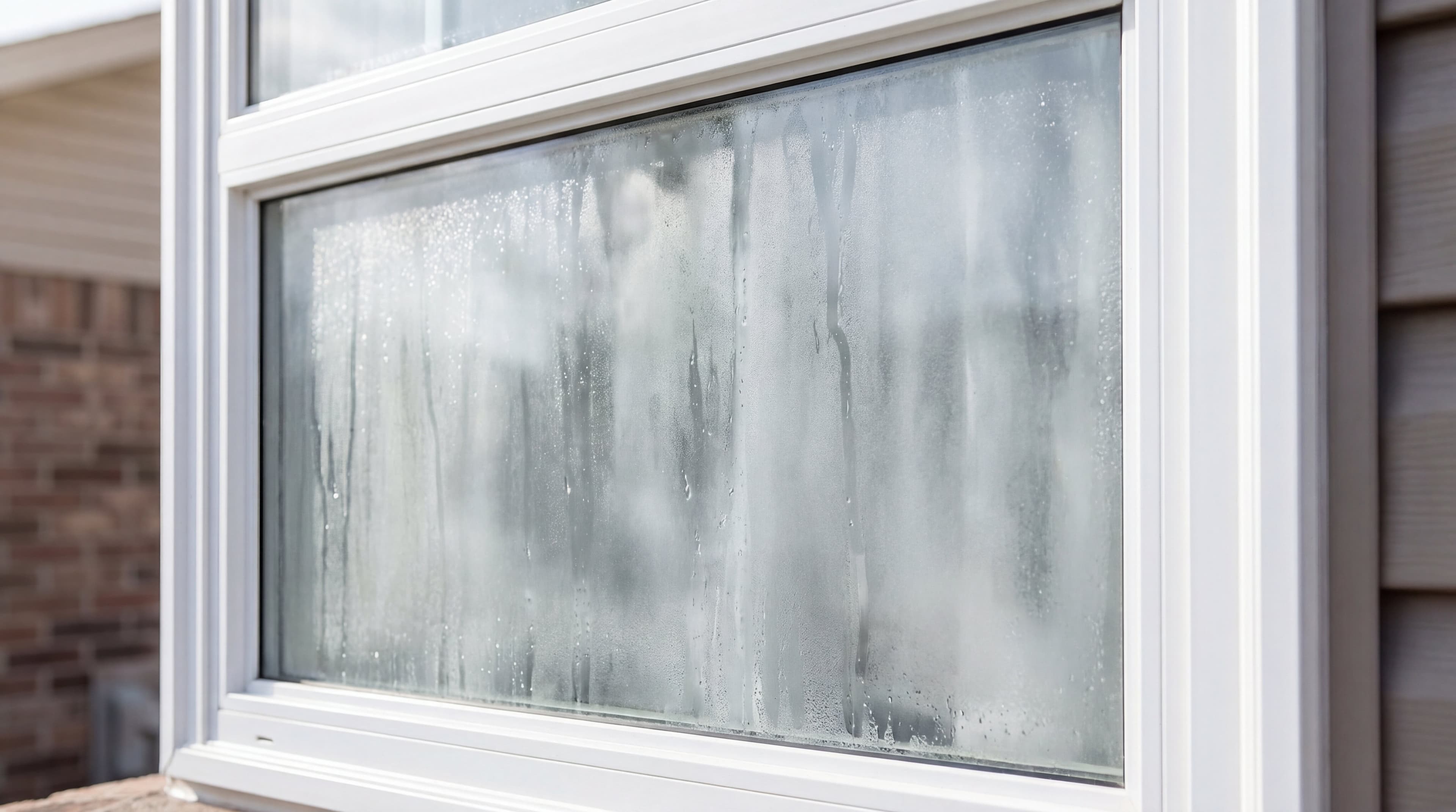 Foggy condensation-filled window before replacement